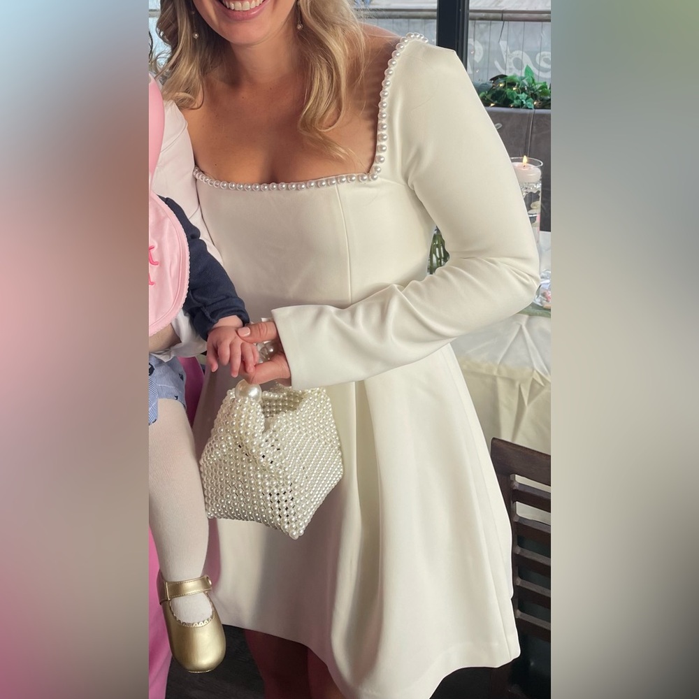 Elegant Cream Long-Sleeve Dress with Pearl Details